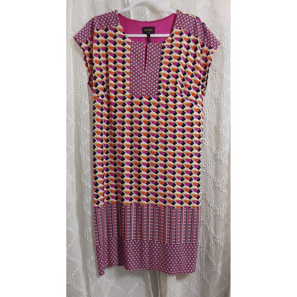 Laundry by Shelli Segal Pink Geometric Print Shift Dress Medium Split Neck